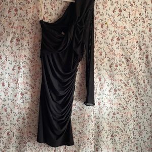 Halton heritage one shoulder sheer long sleeve ruched black  dress Size M